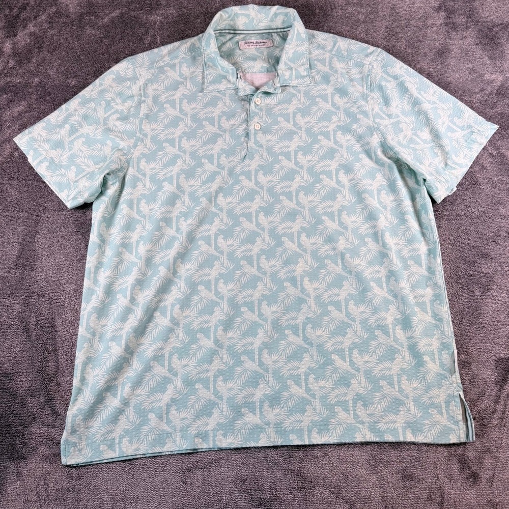 Tommy Bahama IslandZone Mens Large Aqua Parrot Palm Tropical Polo Shirt L